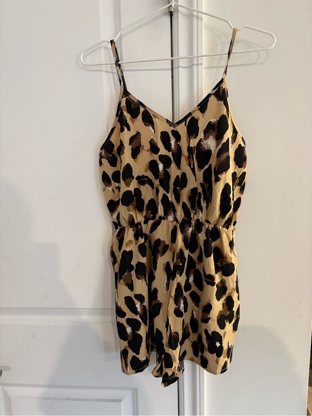 SHEIN Beige and Black Leopard Print Spaghetti Strap Romper
